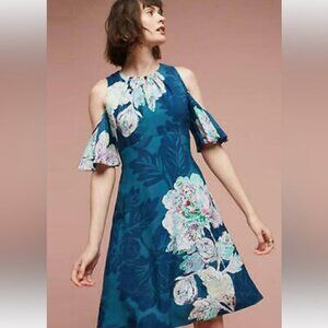 Maeve Anthropologie Elia Floral Print Cold Open Shoulder Dress Size 8 Teal Blue